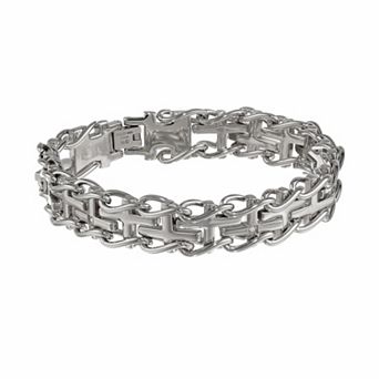 LYNX Stainless Steel Diamond Accent Sideways Cross Railroad Bracelet - Men