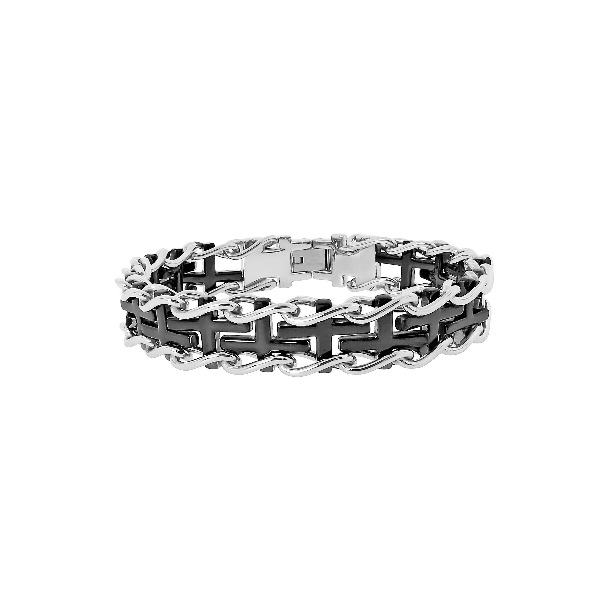 LYNX Two Tone Ion-Plated Stainless Steel Sideways Cross Railroad  Bracelet