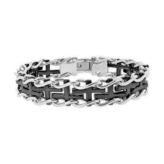 LYNX Two Tone Ion-Plated Stainless Steel Sideways Cross Railroad Bracelet - Men