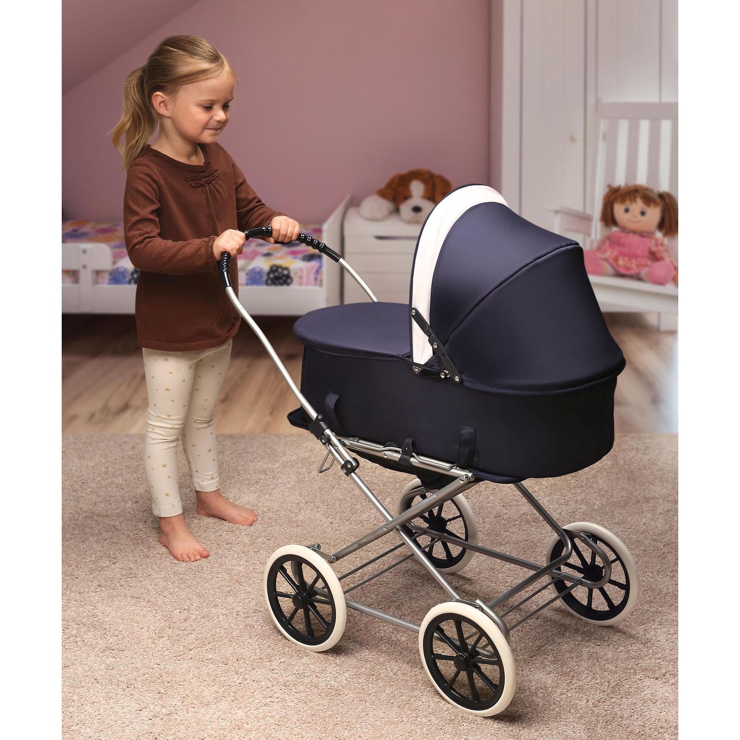Badger Basket 3-n-1 Trolley Doll Carrer Wth Rockng Bed And Beddng - Pnk/Polka Dot