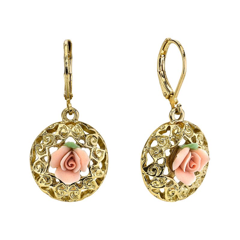 1928 Porcelain Rose Openwork Drop Earrings, Womens, Pink
