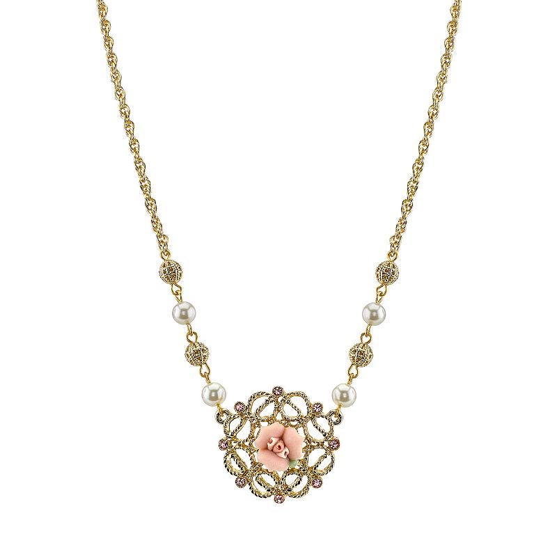 1928 Bead and Porcelain Rose Necklace