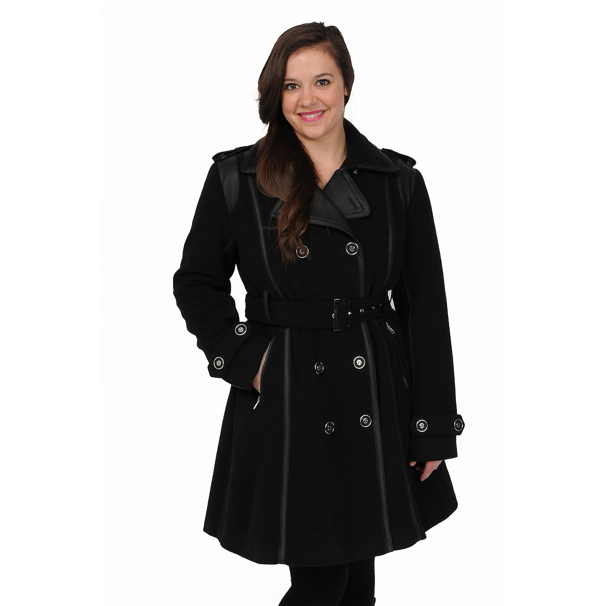 Womens Excelled Double-Breasted Faux-Wool Trench Coat, Size: Small, Black