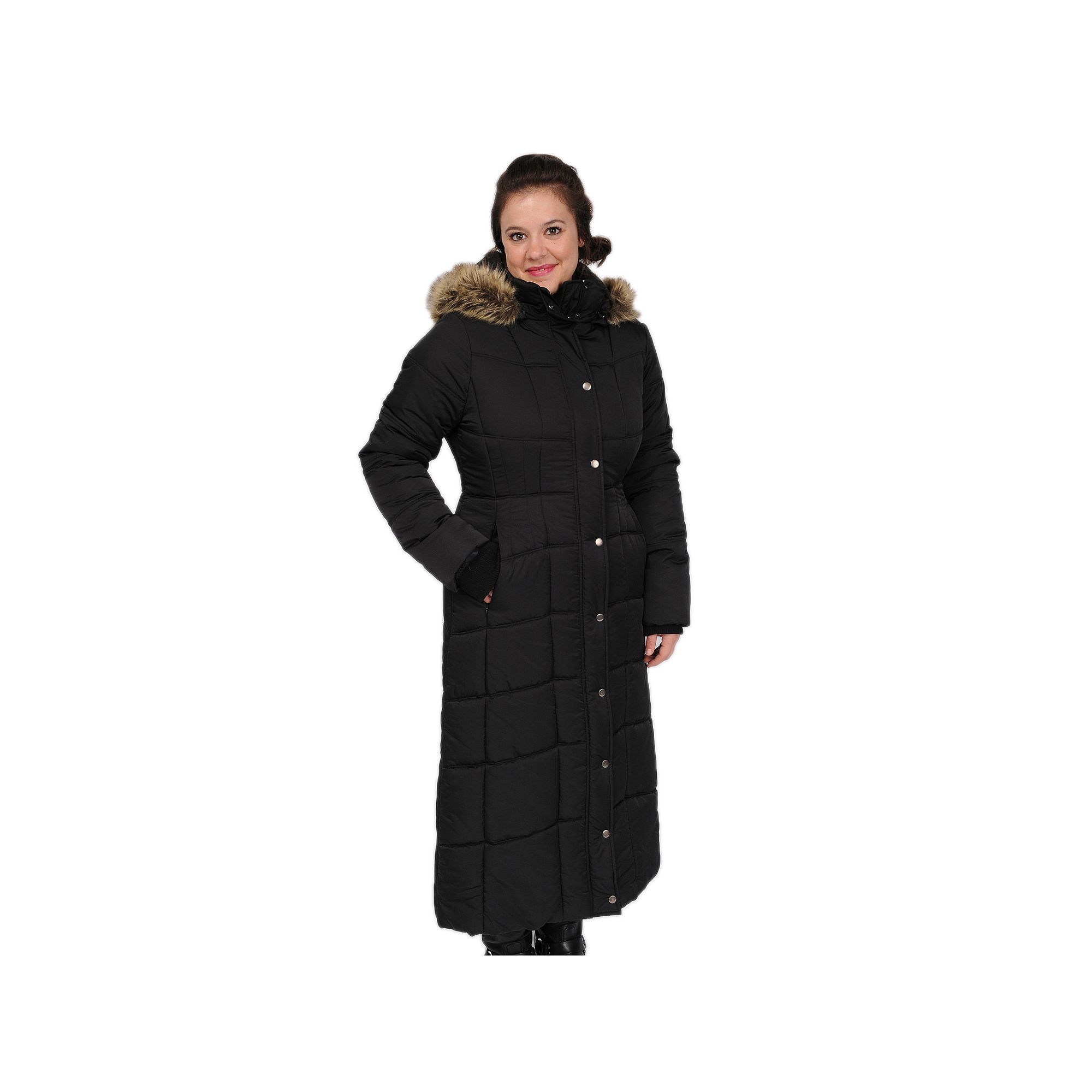 Womens Excelled Hooded Long Puffer Coat, Size: Small, Black
