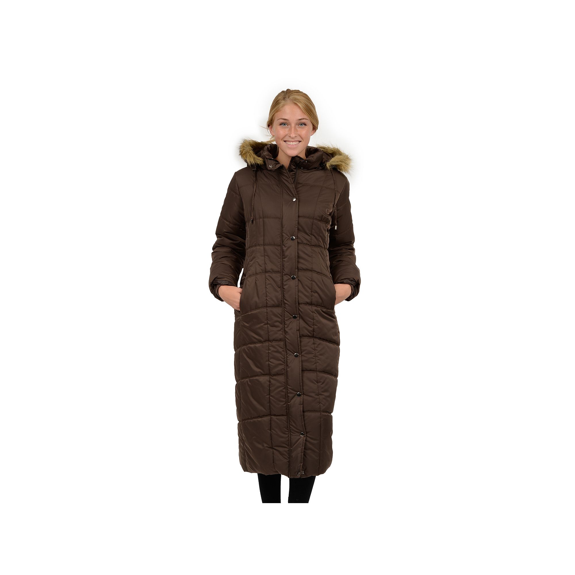 Womens Excelled Hooded Long Puffer Coat, Size: Small, Brown