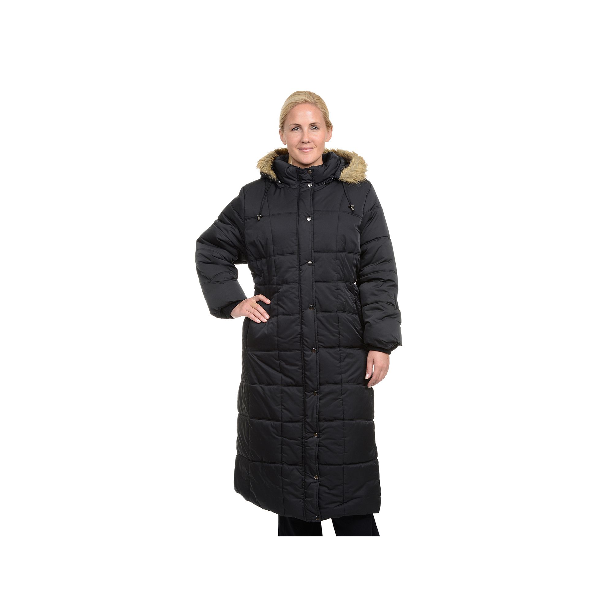 Plus Size Excelled Hooded Long Puffer Coat, Womens, Size: 2XL, Black