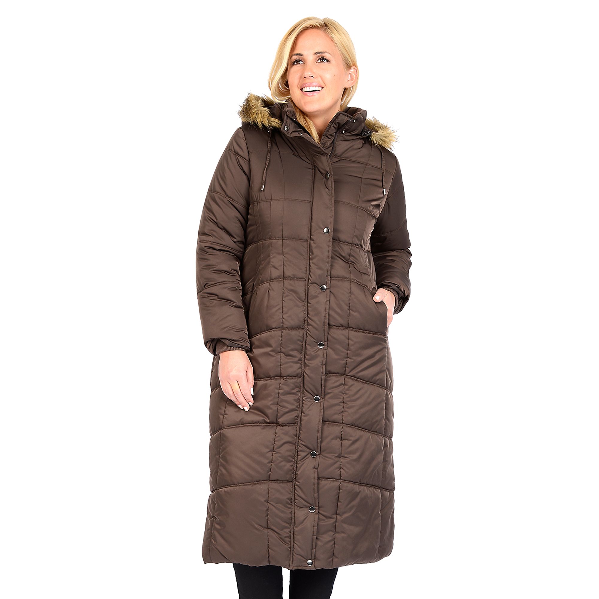 Plus Size Excelled Hooded Long Puffer Coat, Womens, Size: 2XL, Brown