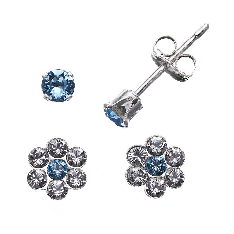 Charming Girl Sterling Silver Blue Cubic Zirconia and Crystal Flower Stud E