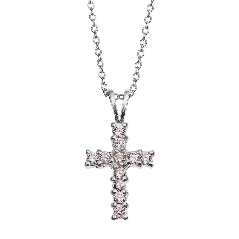 Charming Girl Sterling Silver Pink Cubic Zirconia Cross Pendant Necklace - 