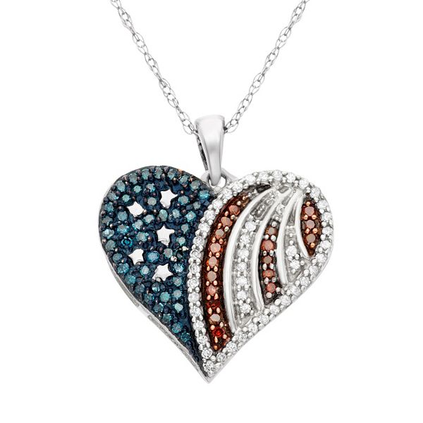 Jewelexcess Sterling Silver 1/3-ct. T. W. Red, White and Blue American Flag  Diamond Heart Pendant