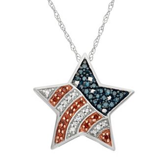 Jewelexcess Sterling Silver 1/4 ct T. W. Red, White and Blue American Flag Diamond Star Pendant