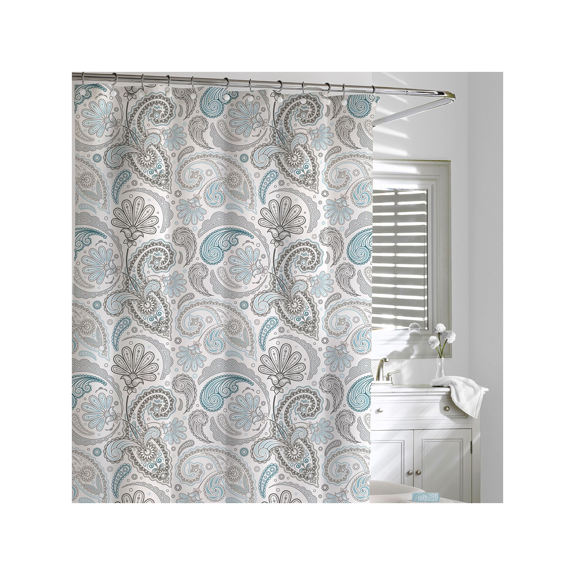 Kassatex Floral Swirls Fabric Shower Curtain, Blue Gray