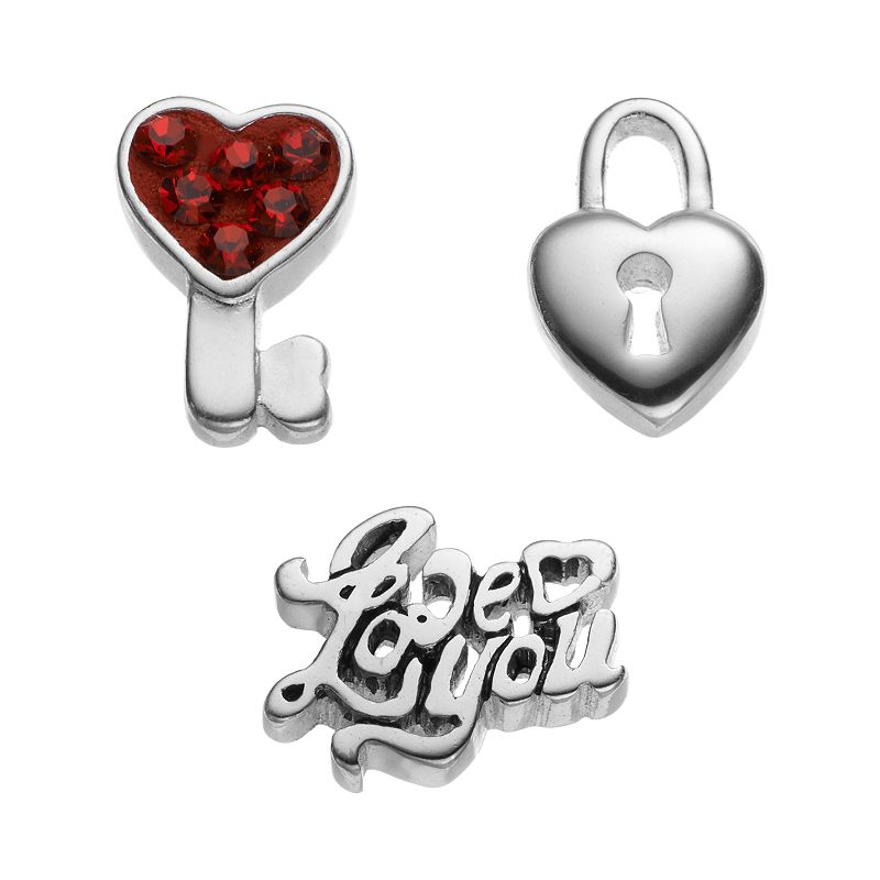 Blue La Rue Crystal Silver-Plated Heart Lock, Key & I Love You Charm S