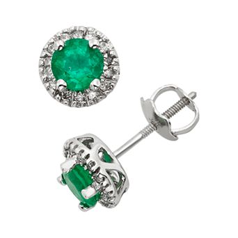 The Regal Collection Emerald and 1/8 Carat T.W. IGL Certified Diamond 14k White Gold Tiered Halo Stud Earrings