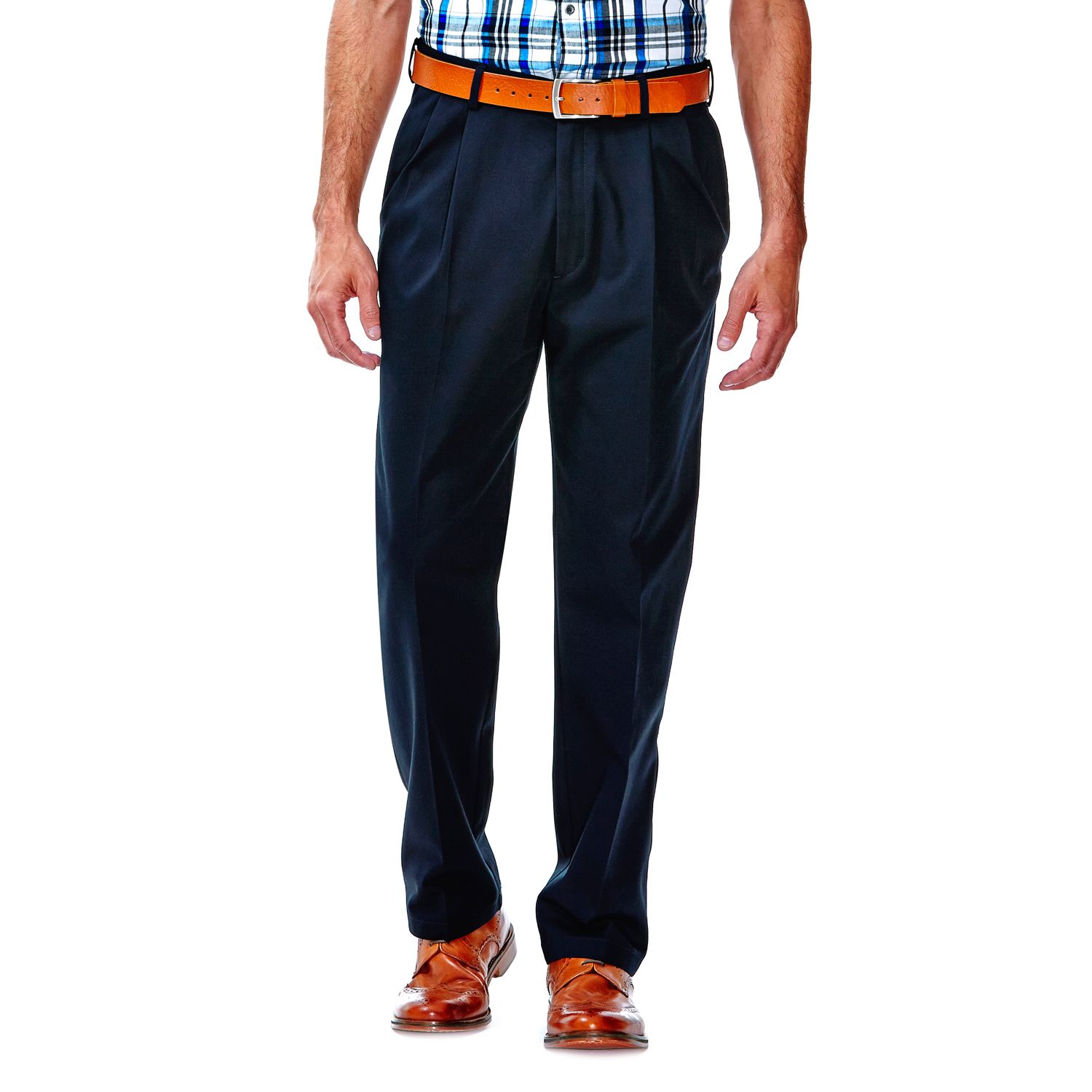 Haggar Men's Premium No Iron Khaki Classic Fit Pleat Front Regular and Big & Tall Sizes, Dark Navy, 34W x 29L price in UAE | Amazon UAE