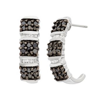 Jewelexcess 1 Carat T. W. Black and White Diamond Sterling Silver J-Hoop Earrings