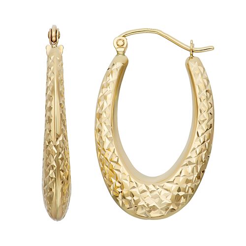 14k Gold Textured Oval Hoop Earrings