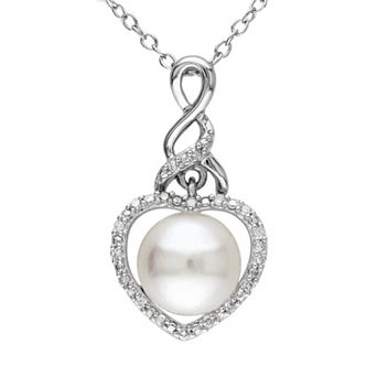 Stella Grace Freshwater Cultured Pearl and Diamond Accent Sterling Silver Heart Pendant Necklace