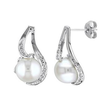 Stella Grace Freshwater Cultured Pearl and Diamond Accent Sterling Silver Drop Earrings