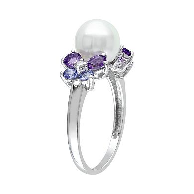 Stella Grace Sterling Silver Freshwater Cultured Pearl, Gemstone & Diamond Accent Ring