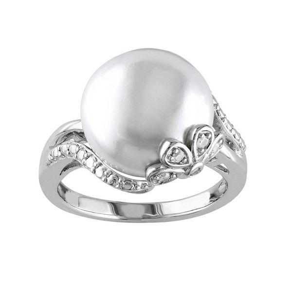Freshwater Cultured Pearl and Diamond Accent Sterling Silver Ring
