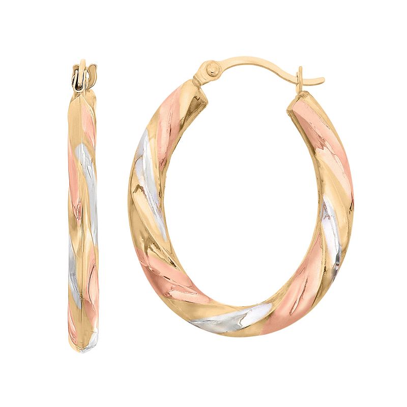 14k Gold Tri-Tone Twist Oval Hoop Earrings, Womens, Multicolor
