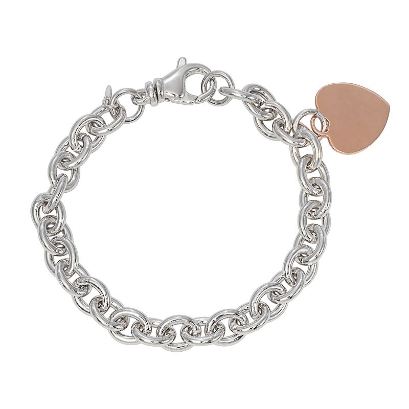14k Rose Gold Over Silver and Sterling Silver Heart Charm Bracelet, Women