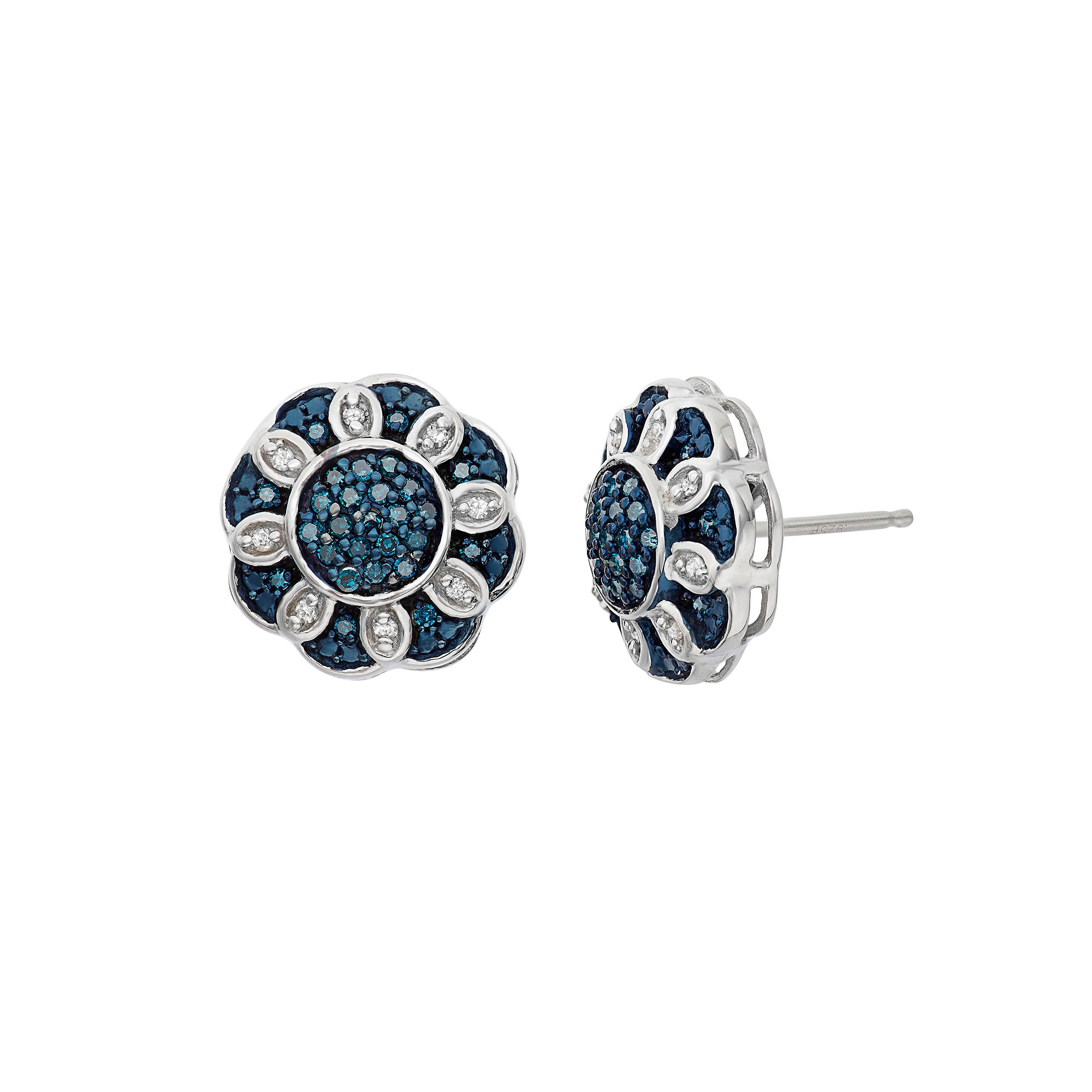 Jewelexcess 1/3 Carat T.W. Blue and White Diamond Sterling Silver Flower St
