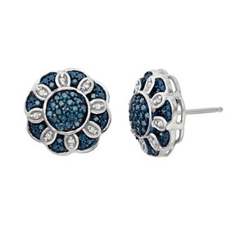 Jewelexcess 1/3 Carat T.W. Blue and White Diamond Sterling Silver Flower Stud Earrings