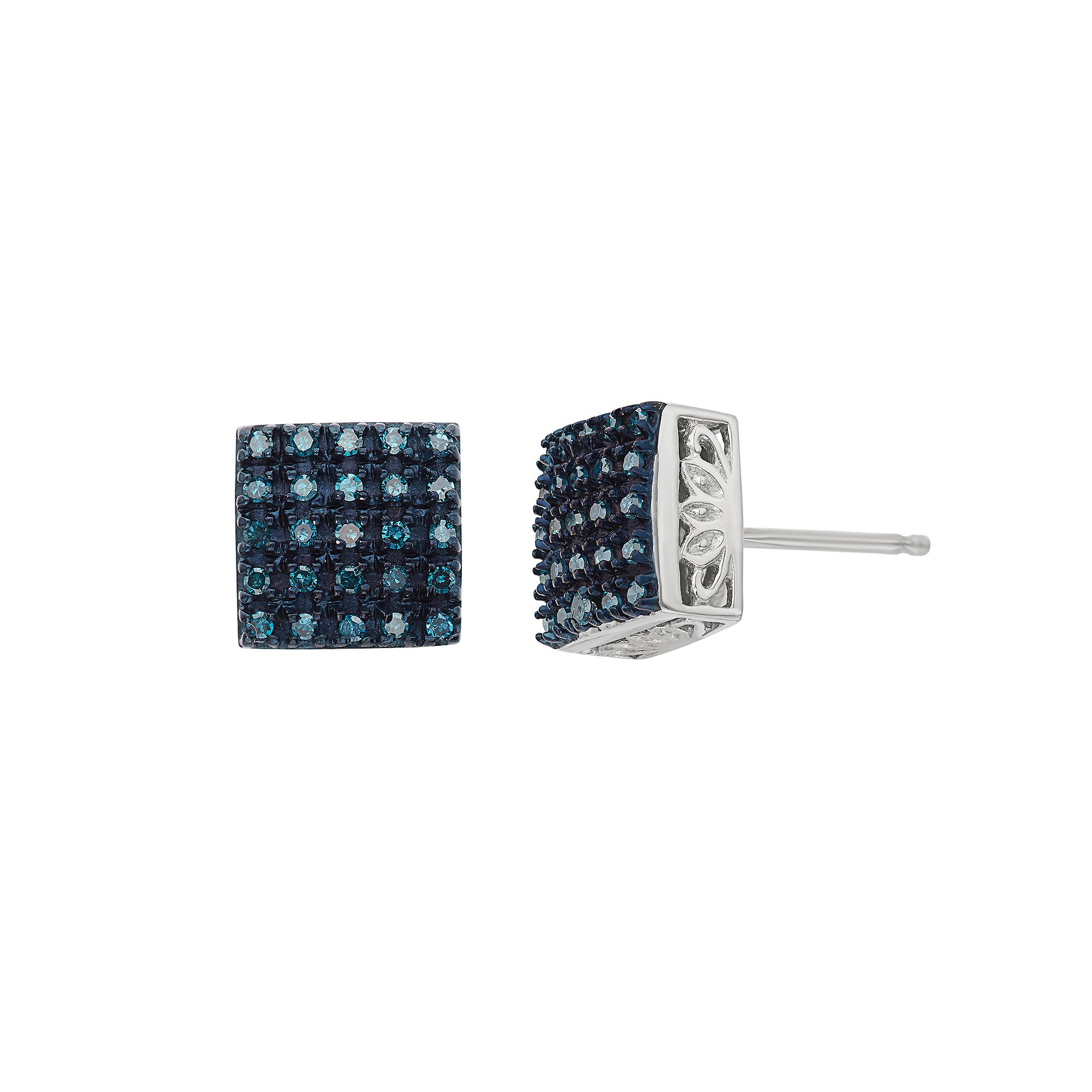 Jewelexcess 1/4 Carat T.W. Blue Diamond Sterling Silver Square Stud Earring