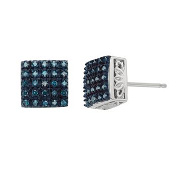 Jewelexcess 1/4 Carat T.W. Blue Diamond Sterling Silver Square Stud Earrings