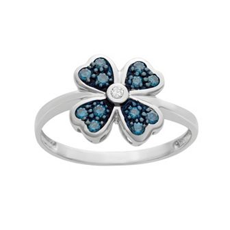 Jewelexcess 1/4 Carat T.W. Blue and White Diamond Sterling Silver Clover Ring