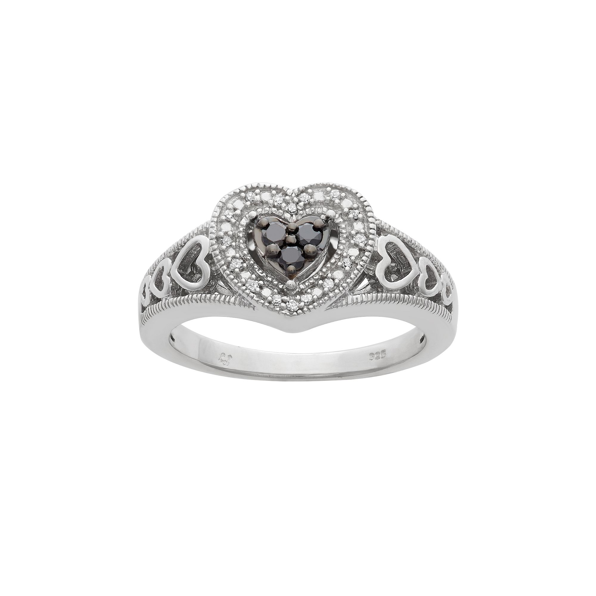 Jewelexcess 1/6 Carat T.W. Black and White Diamond Sterling Silver Heart Ri