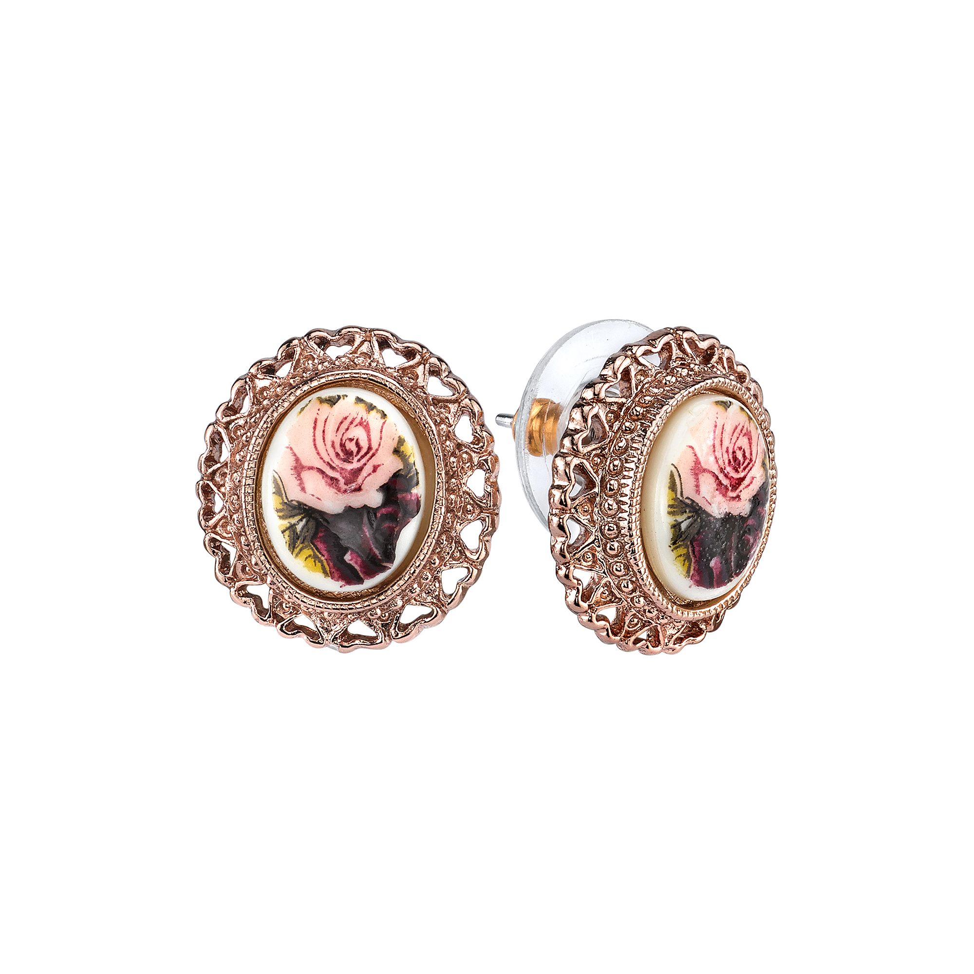 1928 Flower & Heart Button Stud Earrings, Womens, Rose Gold Tone