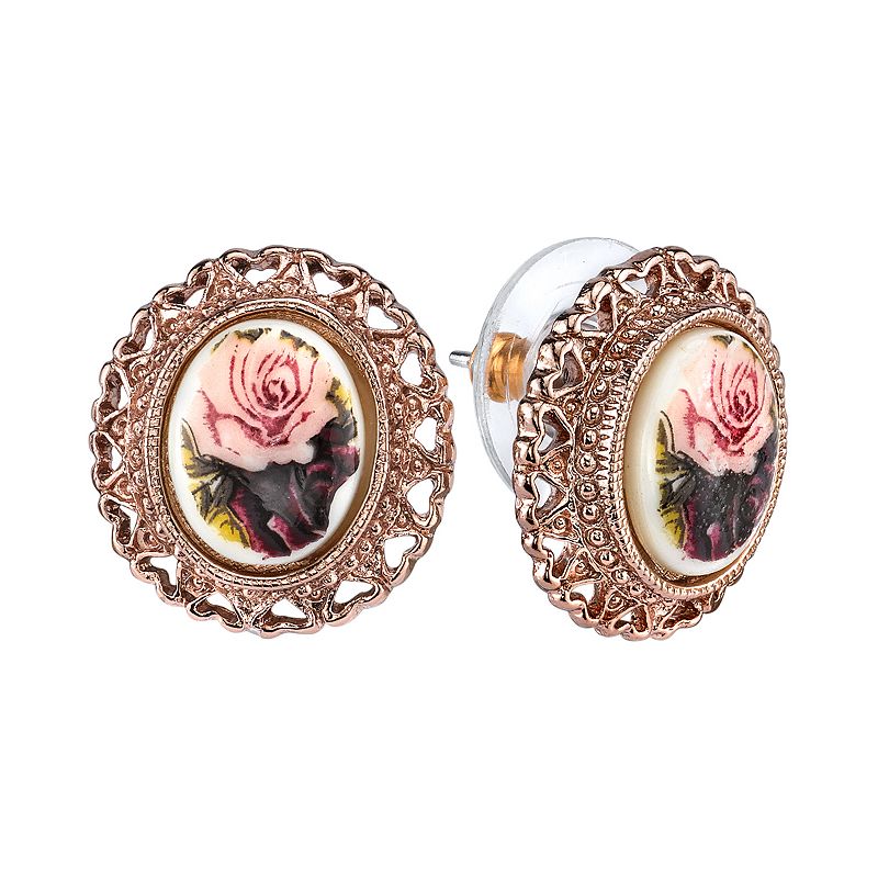 1928 Flower and Heart Button Stud Earrings, Womens, Pink