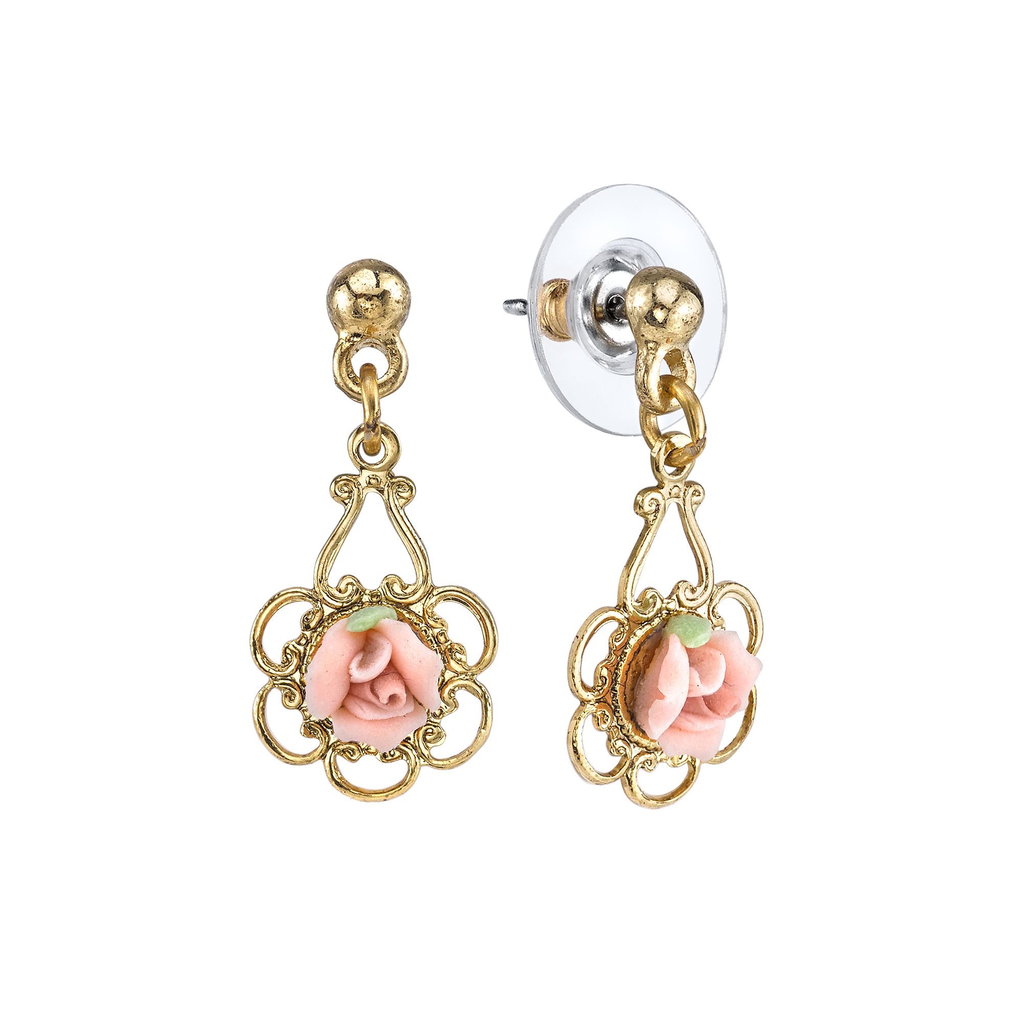 1928 Porcelain Rose Drop Earrings, Womens, Pink