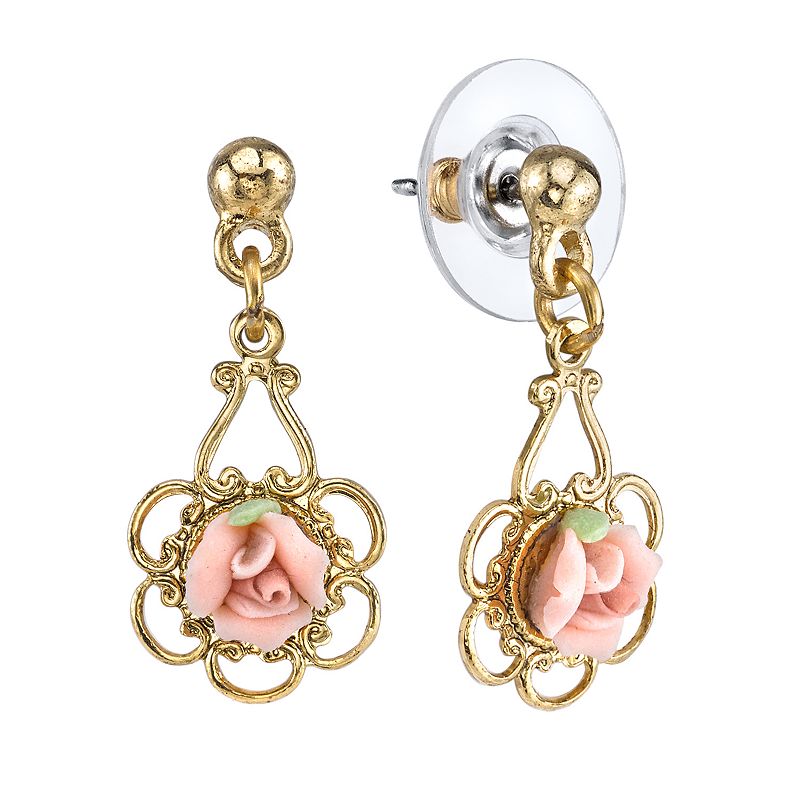 1928 Porcelain Rose Drop Earrings, Womens, Pink