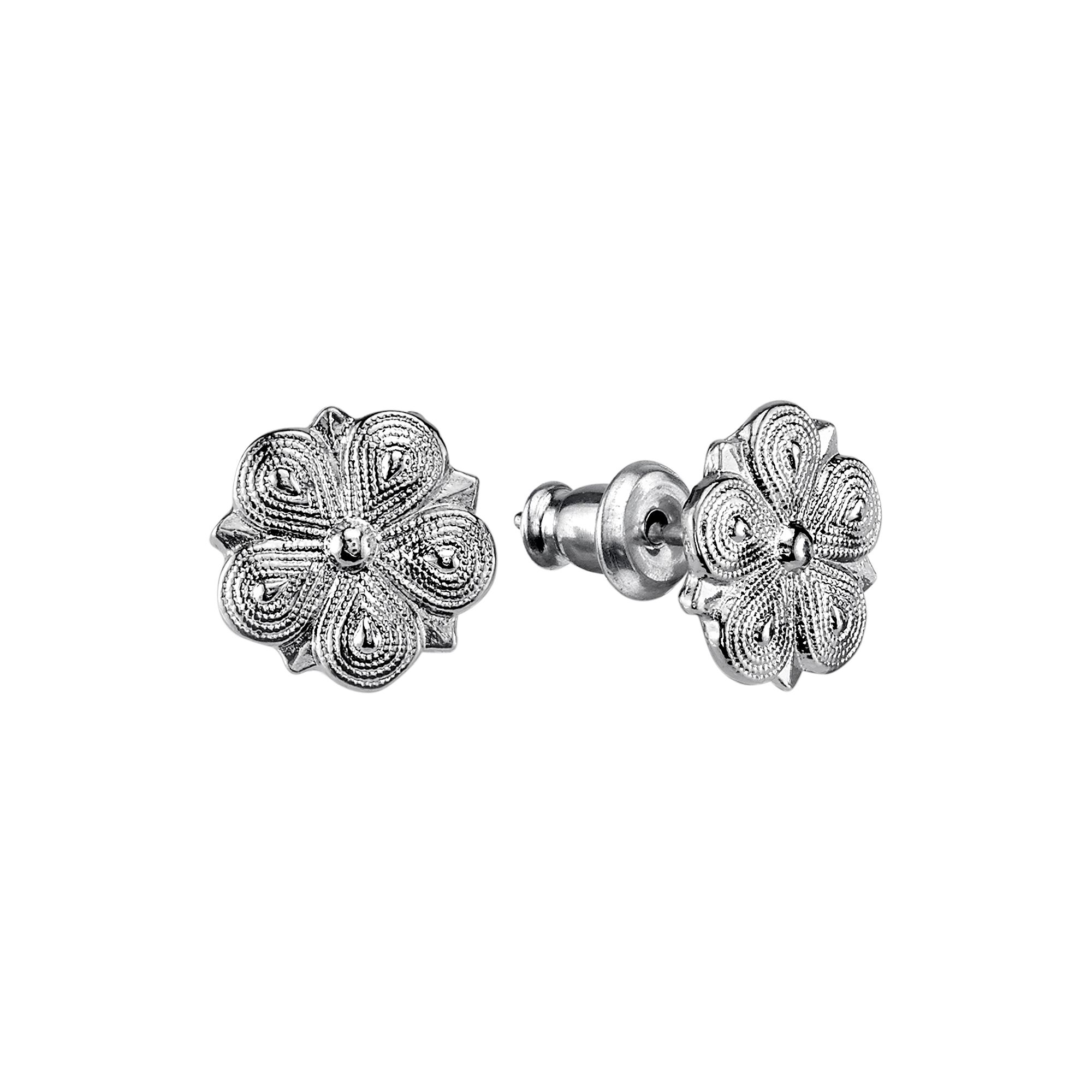1928 Textured Flower Stud Earrings, Womens, Silver Tone