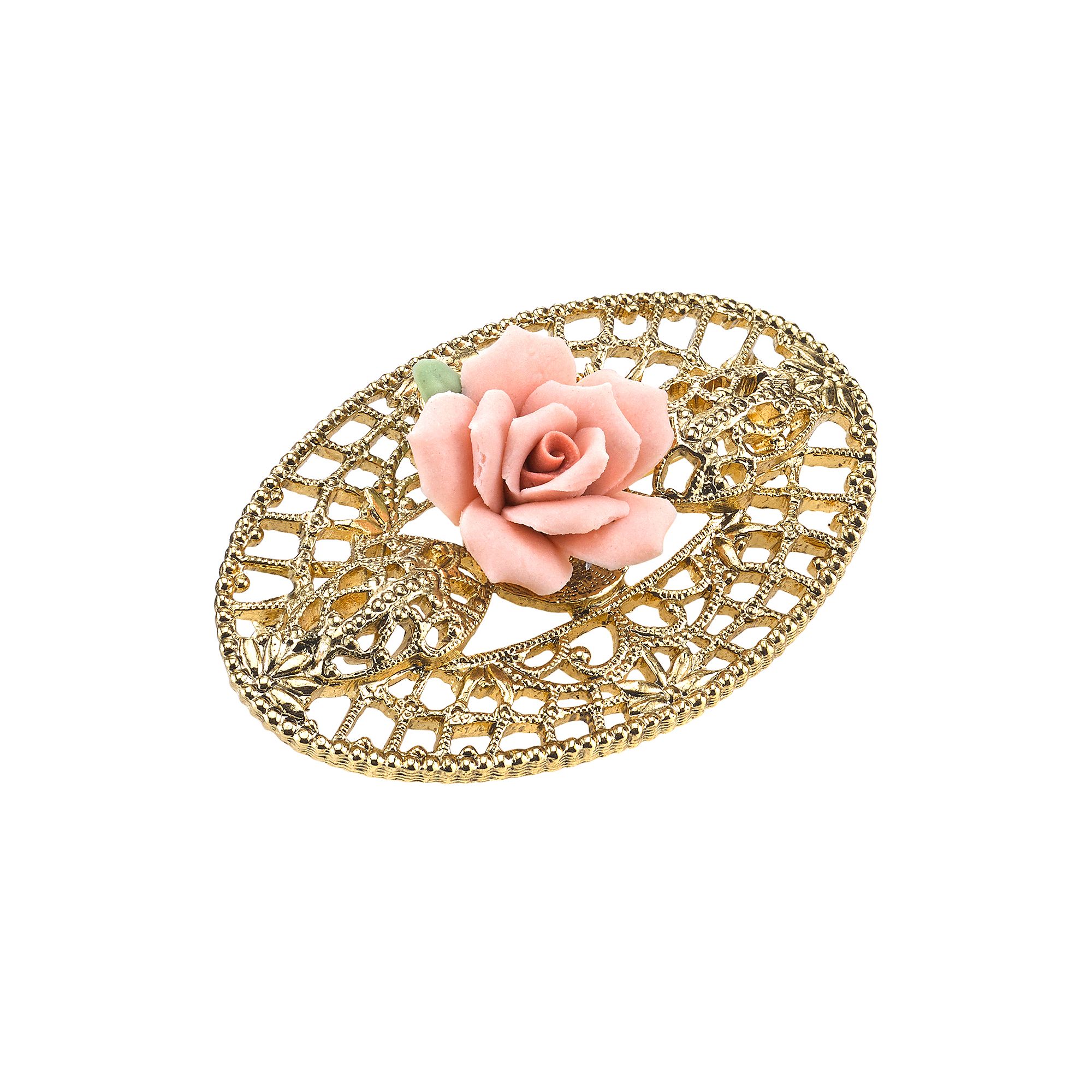 1928 Porcelain Rose Openwork Pin, Womens, Pink