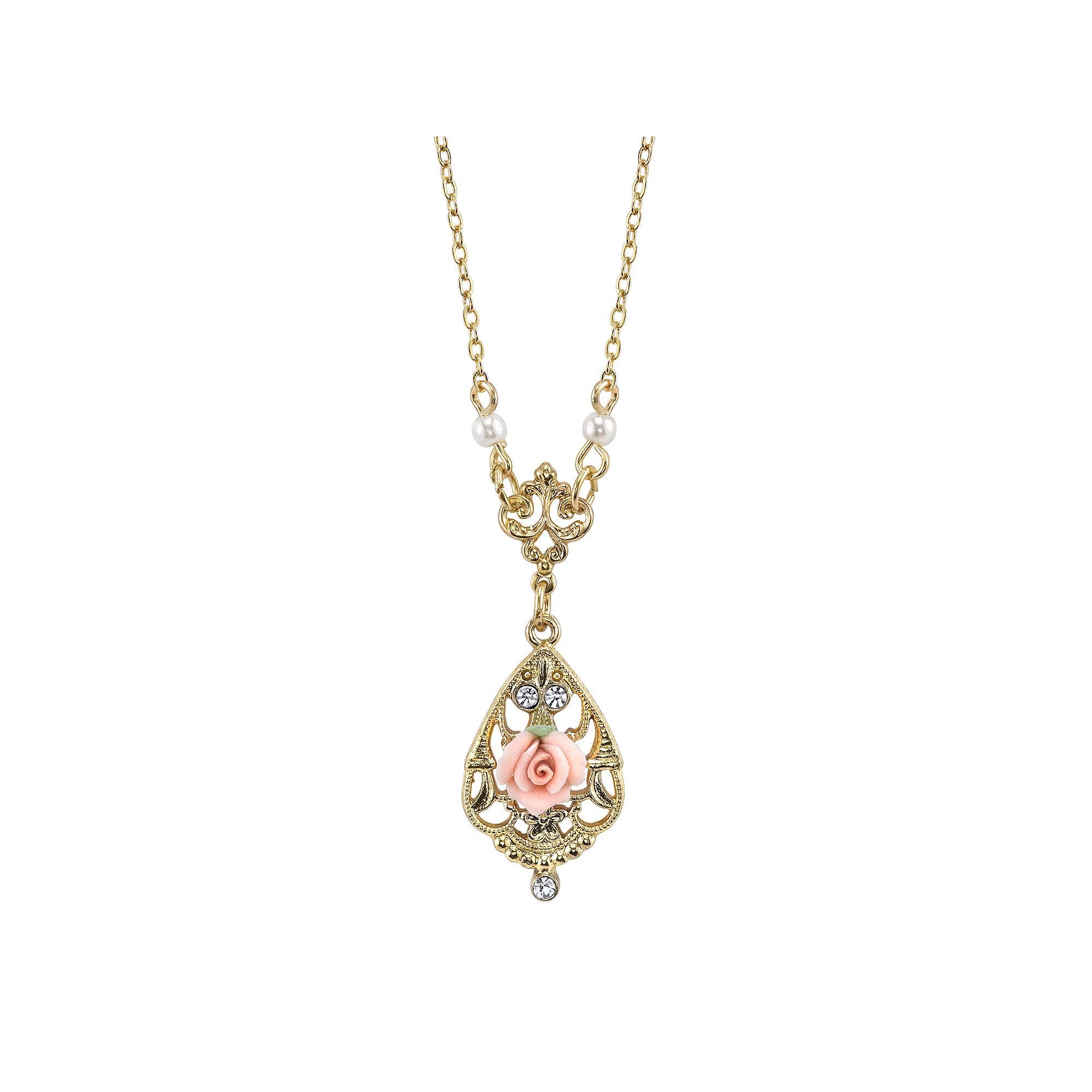 1928 Porcelain Rose Y Necklace, Womens, Size: 17, Pink