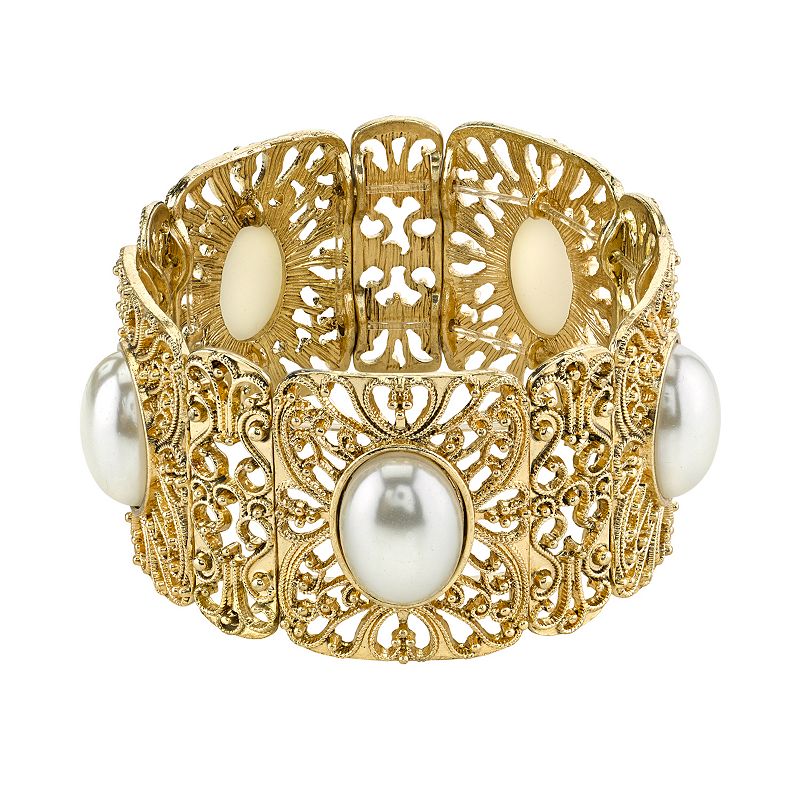 1928 Gold Tone Simulated Pearl Stretch Bracelet, Womens, White