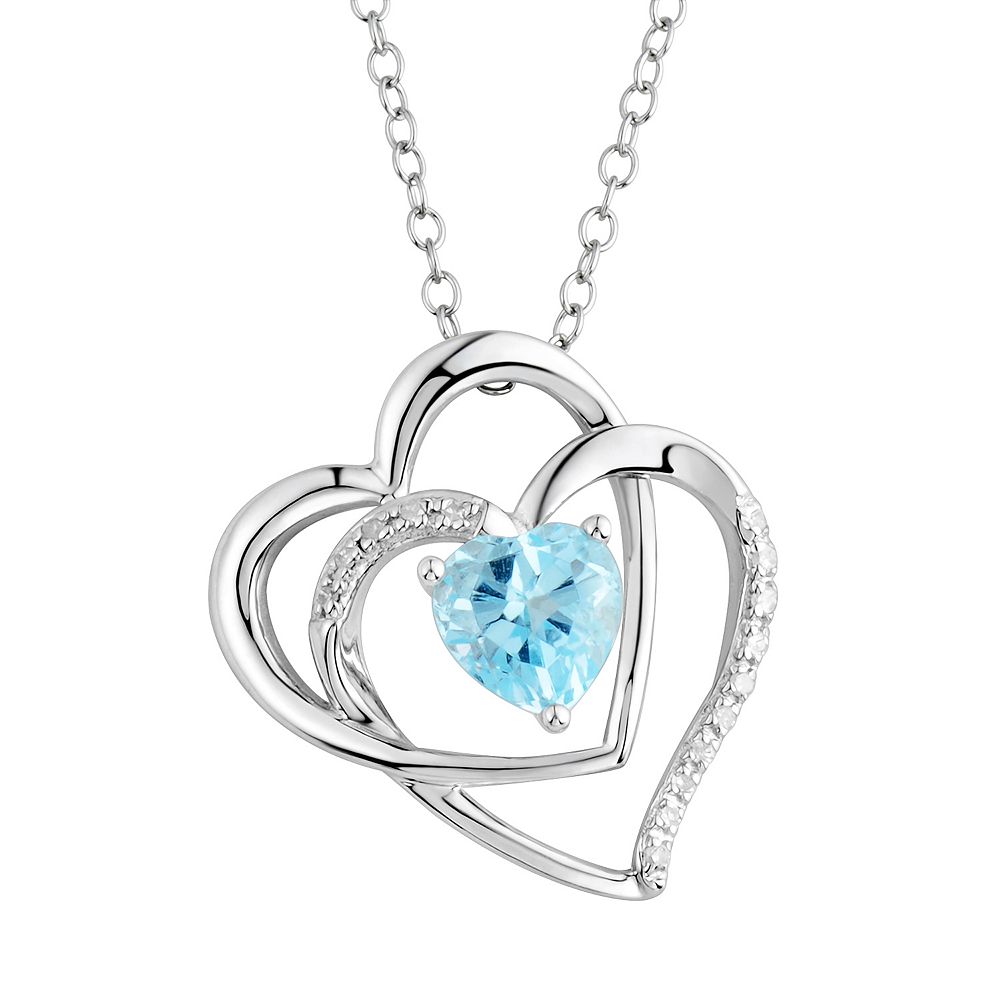 Two Hearts Forever One Blue Topaz Diamond Accent Sterling Silver Double Heart Pendant Necklace