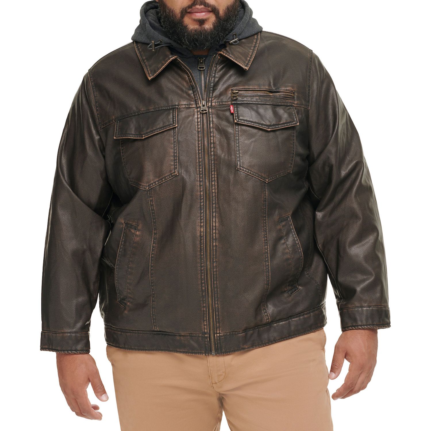 Faux-Leather Sherpa-Lined Hooded Jacket