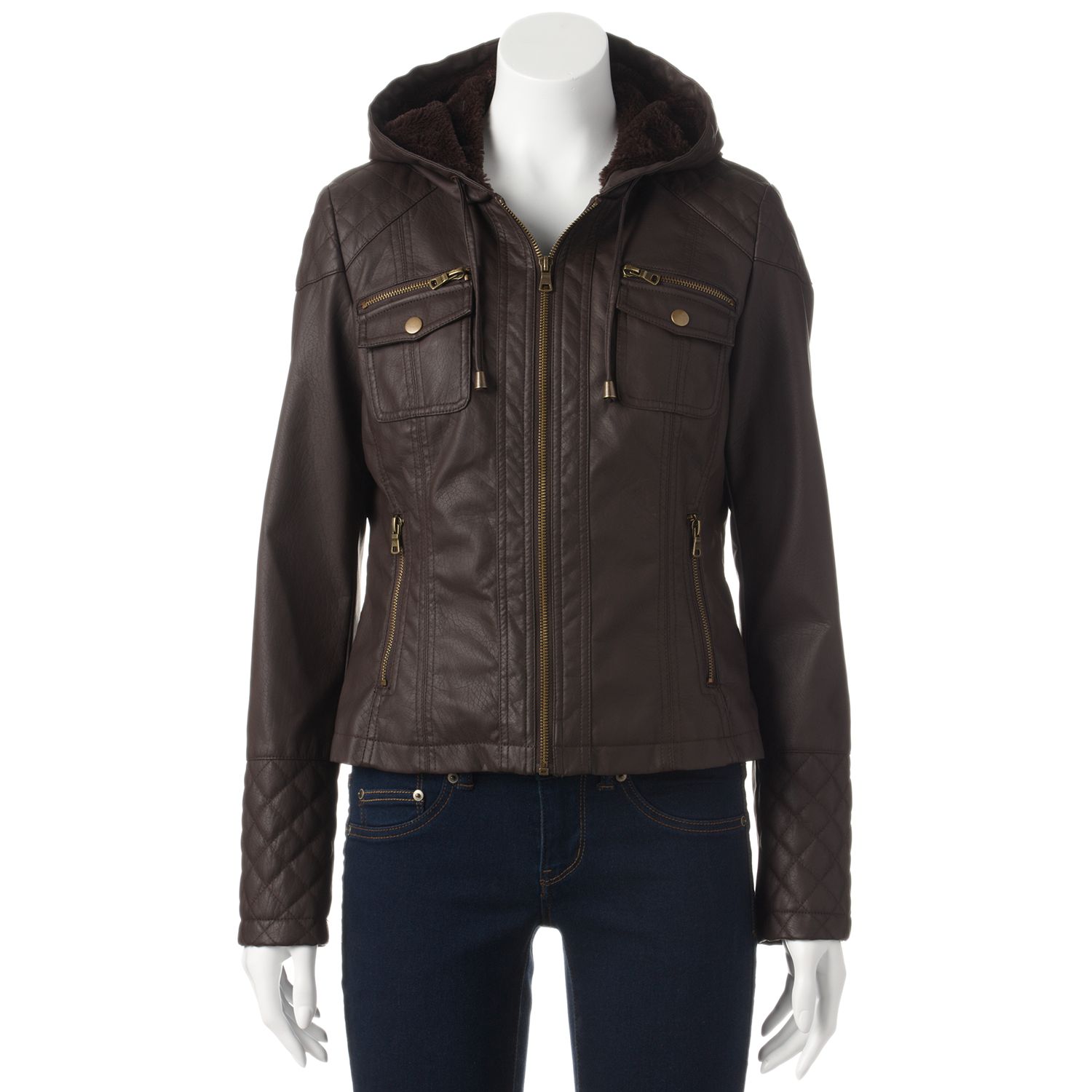 hooded faux leather moto jacket