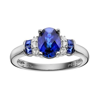 Sterling Silver Lab-Created Blue & White Sapphire Side Stone Frame Ring