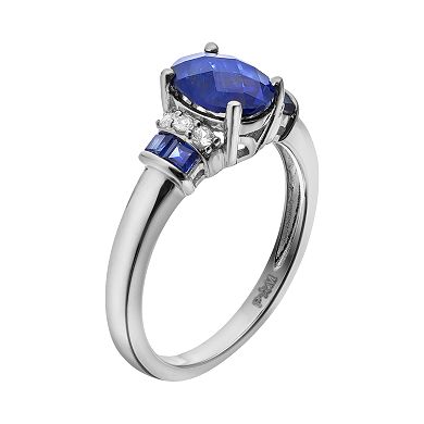 Sterling Silver Lab-Created Blue & White Sapphire Side Stone Frame Ring