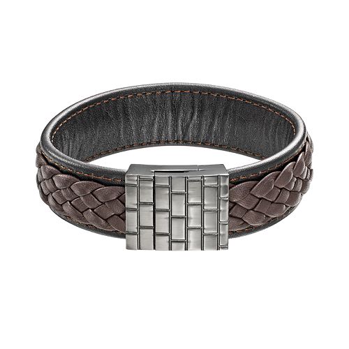 Black IonPlated Stainless Steel Woven Leather Bracelet Men