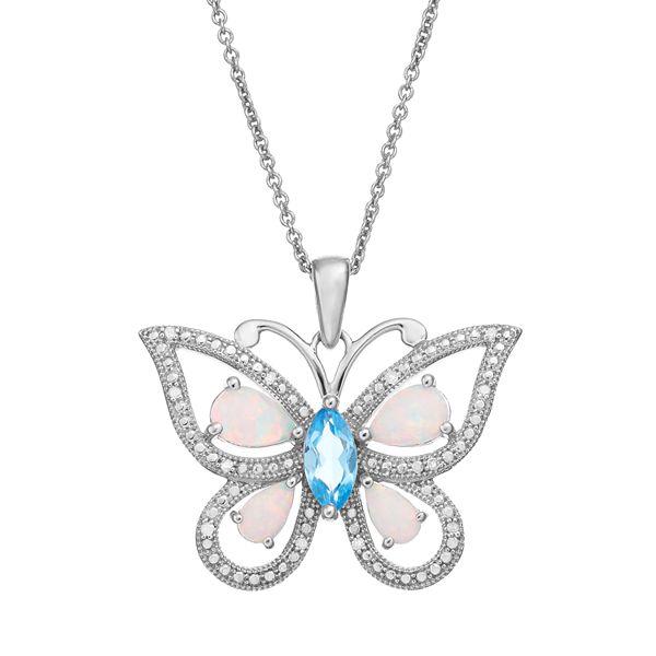 Gemstone Sterling Silver Openwork Butterfly Pendant Necklace
