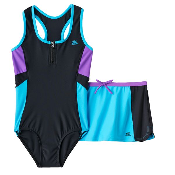 ZeroXposur Colorblock OnePiece Swimsuit & CoverUp Skirt Set Girls 716
