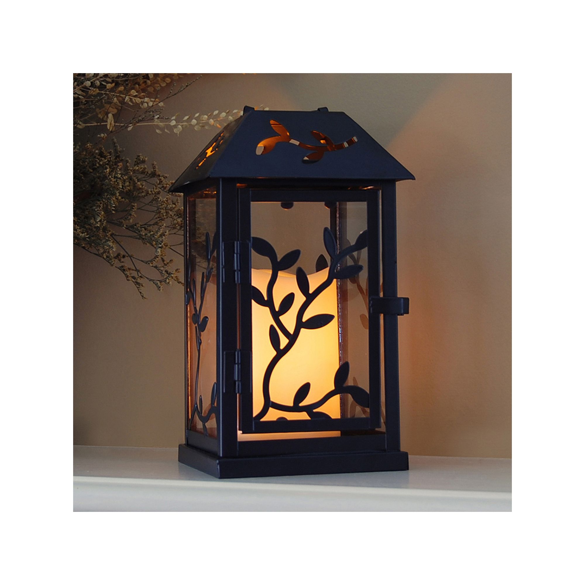 LumaBase Metal Lantern with Battery-Operated Candle - Black Vine